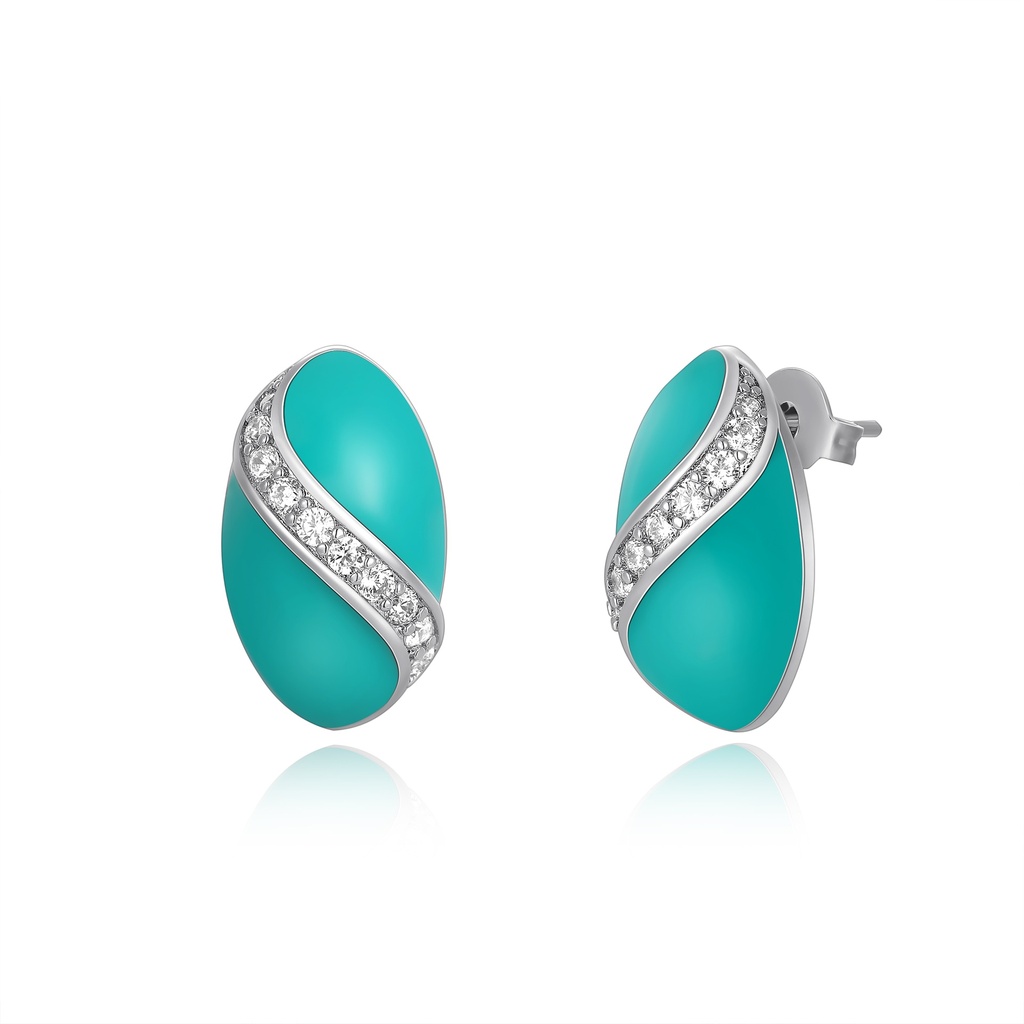 Modern turquoise oval stud earrings with diagonal crystal stripe design.
