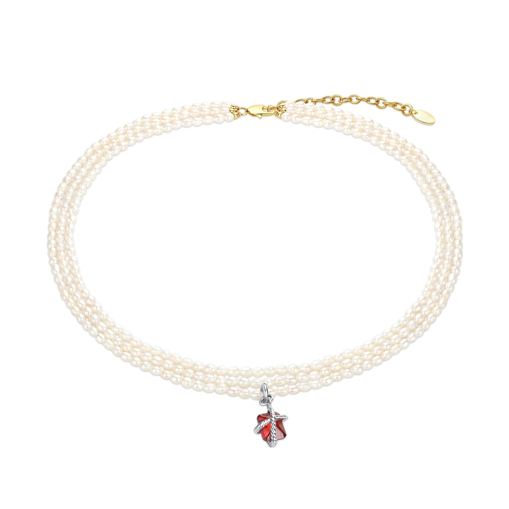 Multi-Strand Pearl Choker Necklace with Red Leaf Pendant
