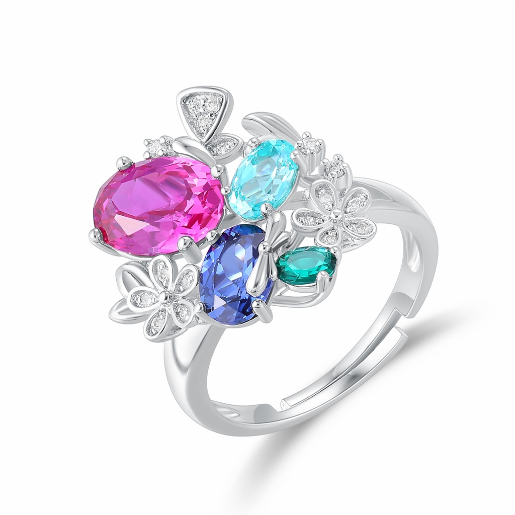 Multicolor Floral CZ Cluster Stainless Steel Adjustable Statement Cocktail Ring