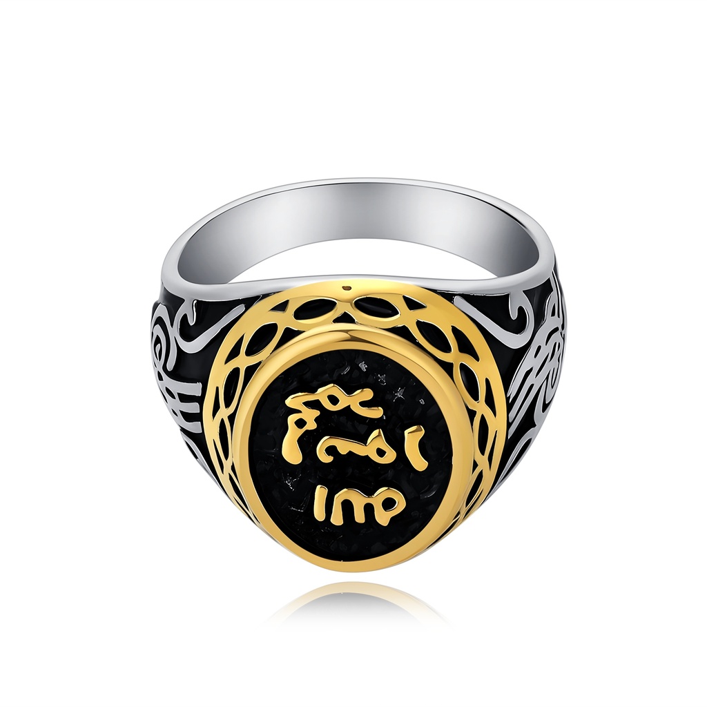 Mystic Black Stainless Steel Signet Ring with Golden Symbolic Script