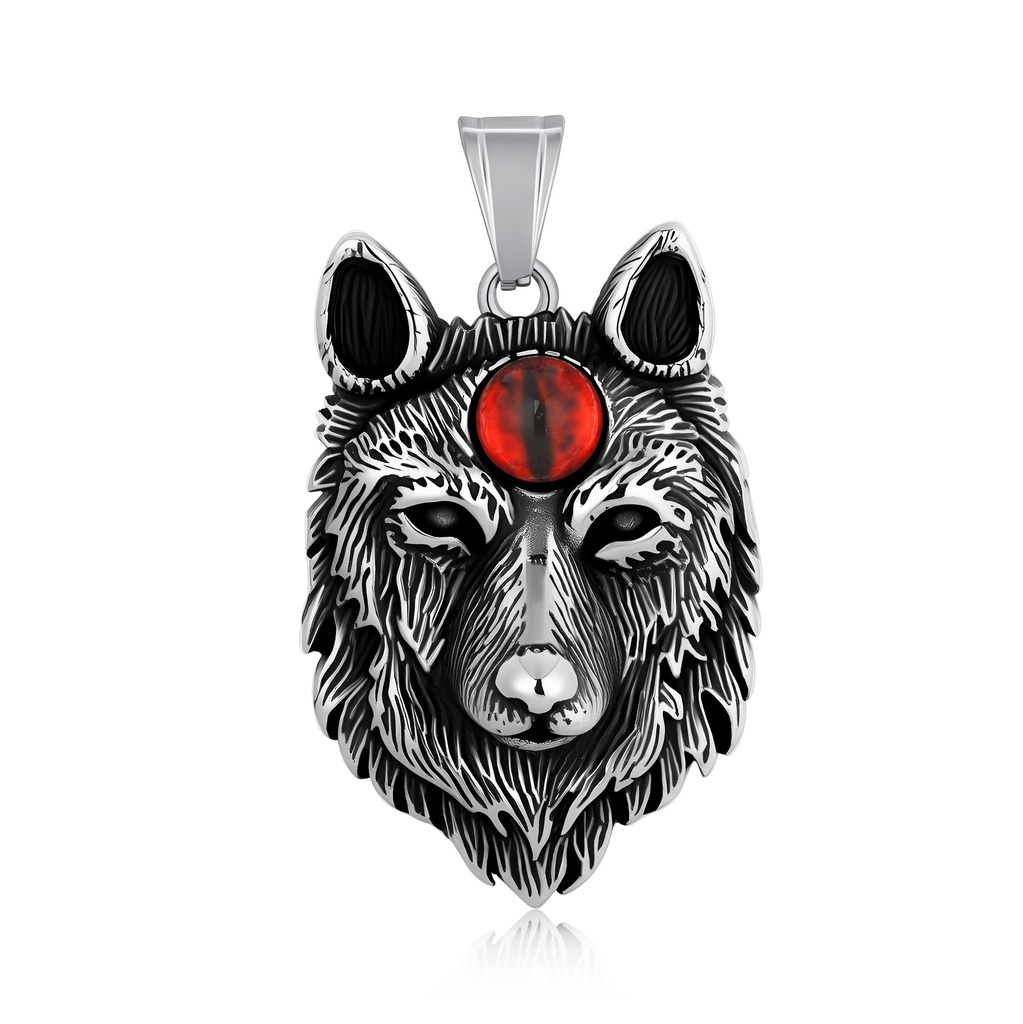 Mystic Wolf Head Pendant with Red Orb Third Eye Accent