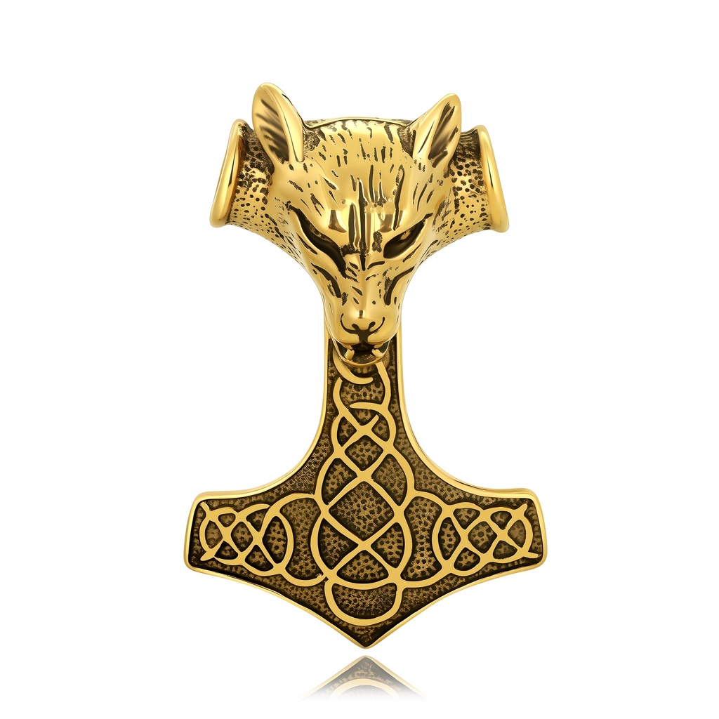 Mythic Norse hammer pendant with fierce wolf guardian in gold.