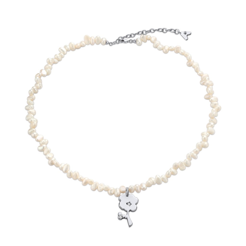 Natural Pearl Strand Choker with Flower Pendant Accent