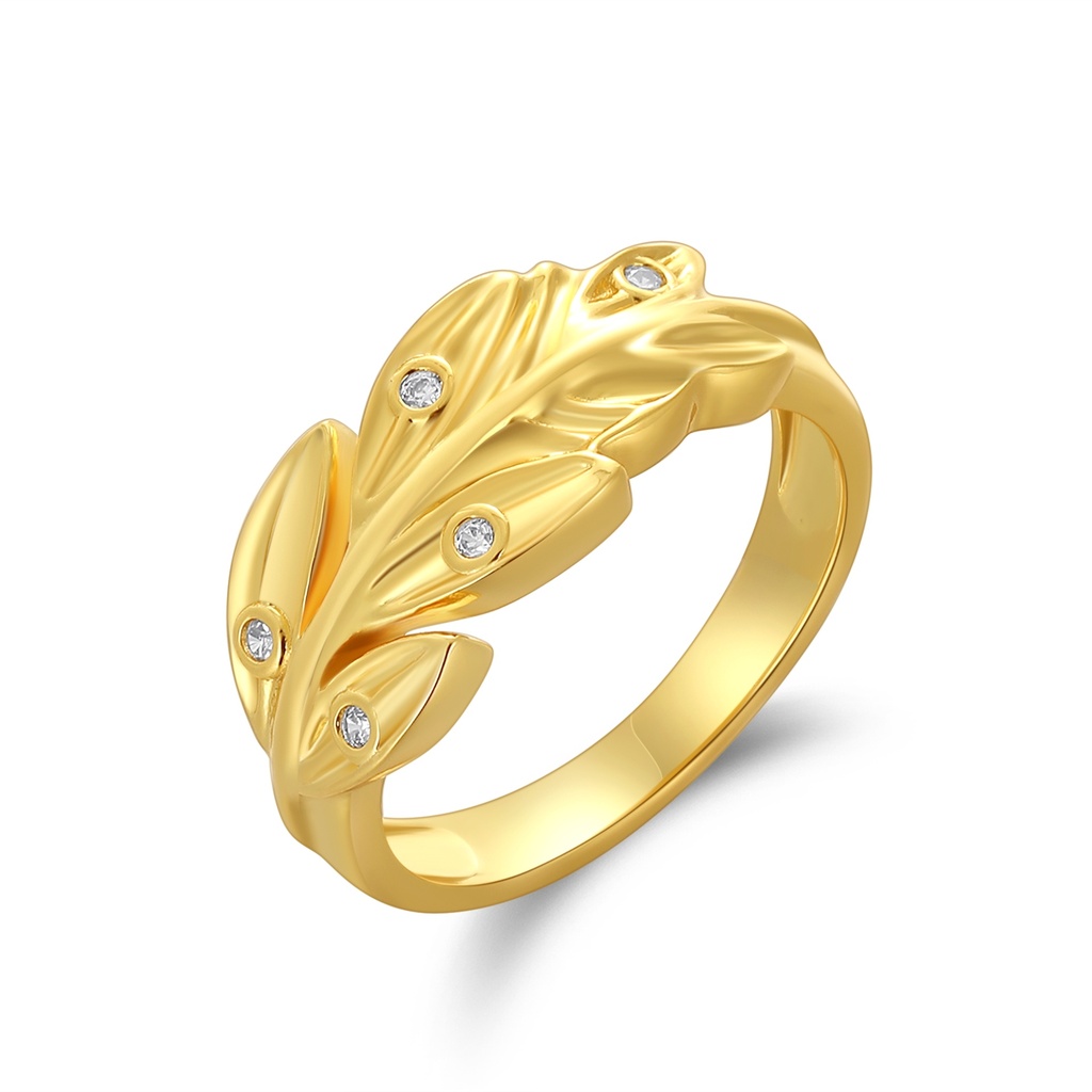 Nature Inspired Leaf Brass Ring With Sparkling Zircon Accents