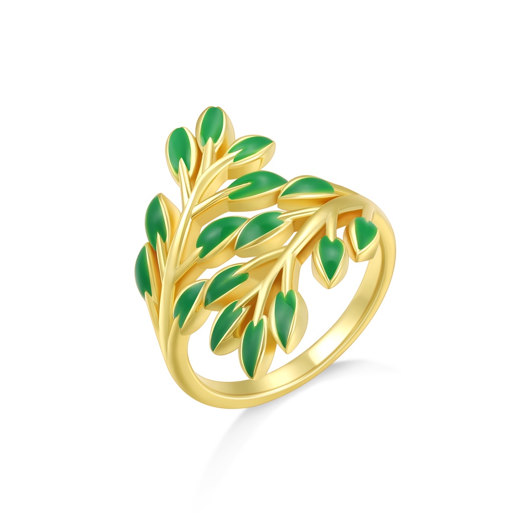 Nature-Inspired Leaf Design Ring with Green Enamel Accents