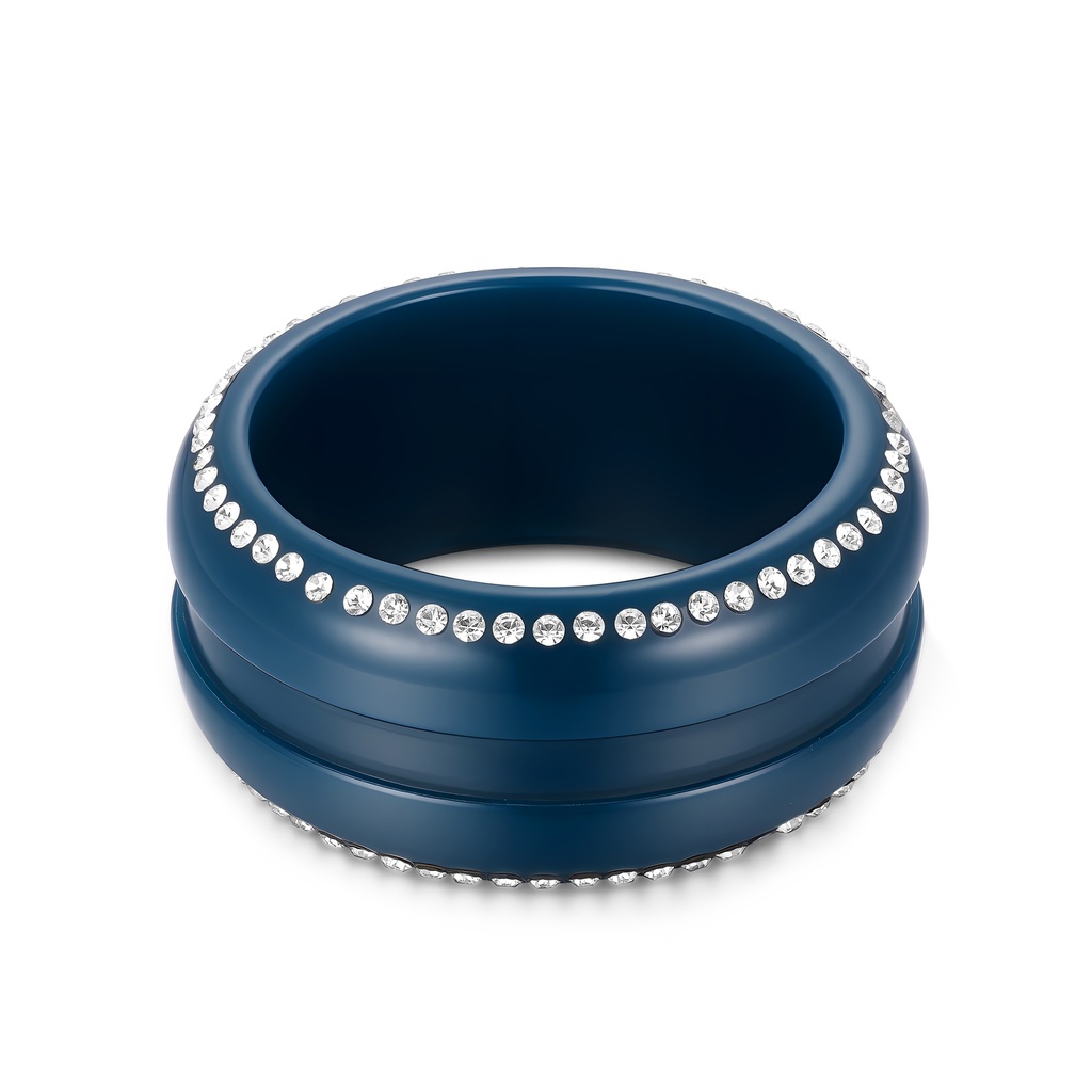 Navy Blue Wide Stainless Steel Ring with Crystal Pave Borders