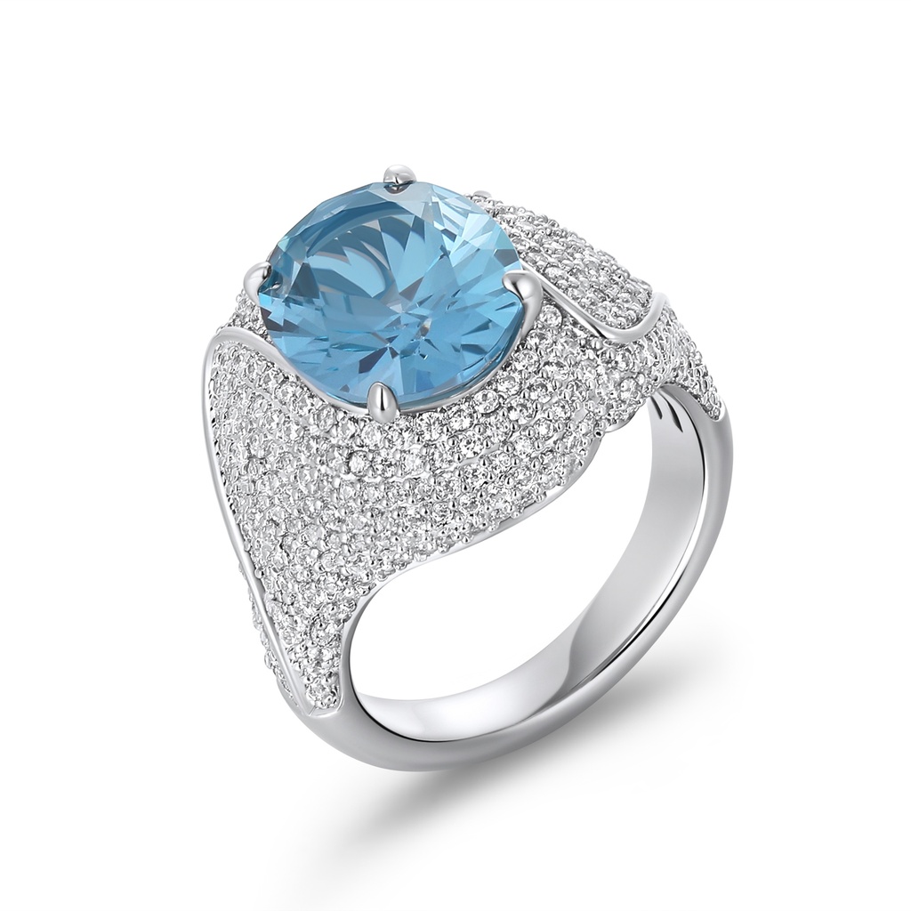 Ocean Blue Solitaire Cocktail Ring with Crystal Pave Band