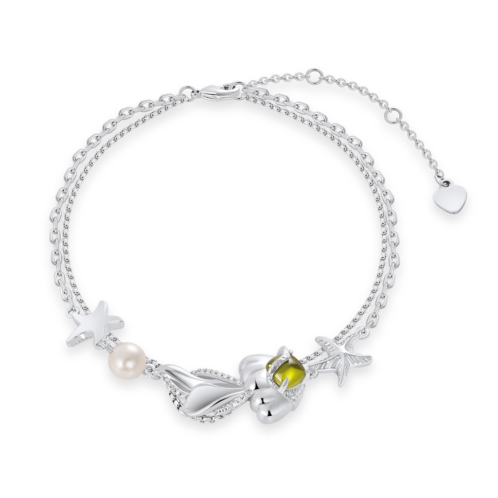 Ocean-Inspired Pearl Bracelet with Shells, Starfish, and Green Gem