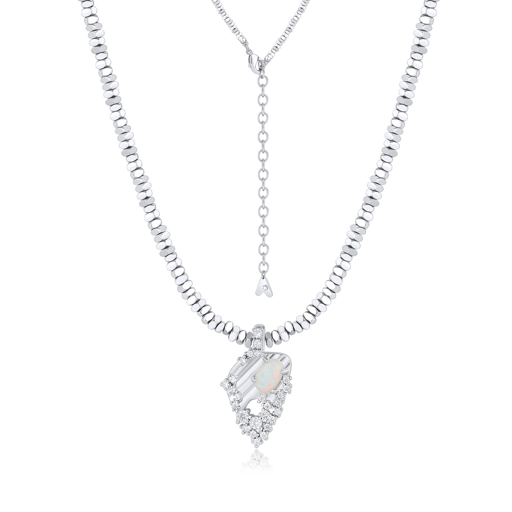 Opal Heart Pendant Necklace with Textured Chain and Zircon Border