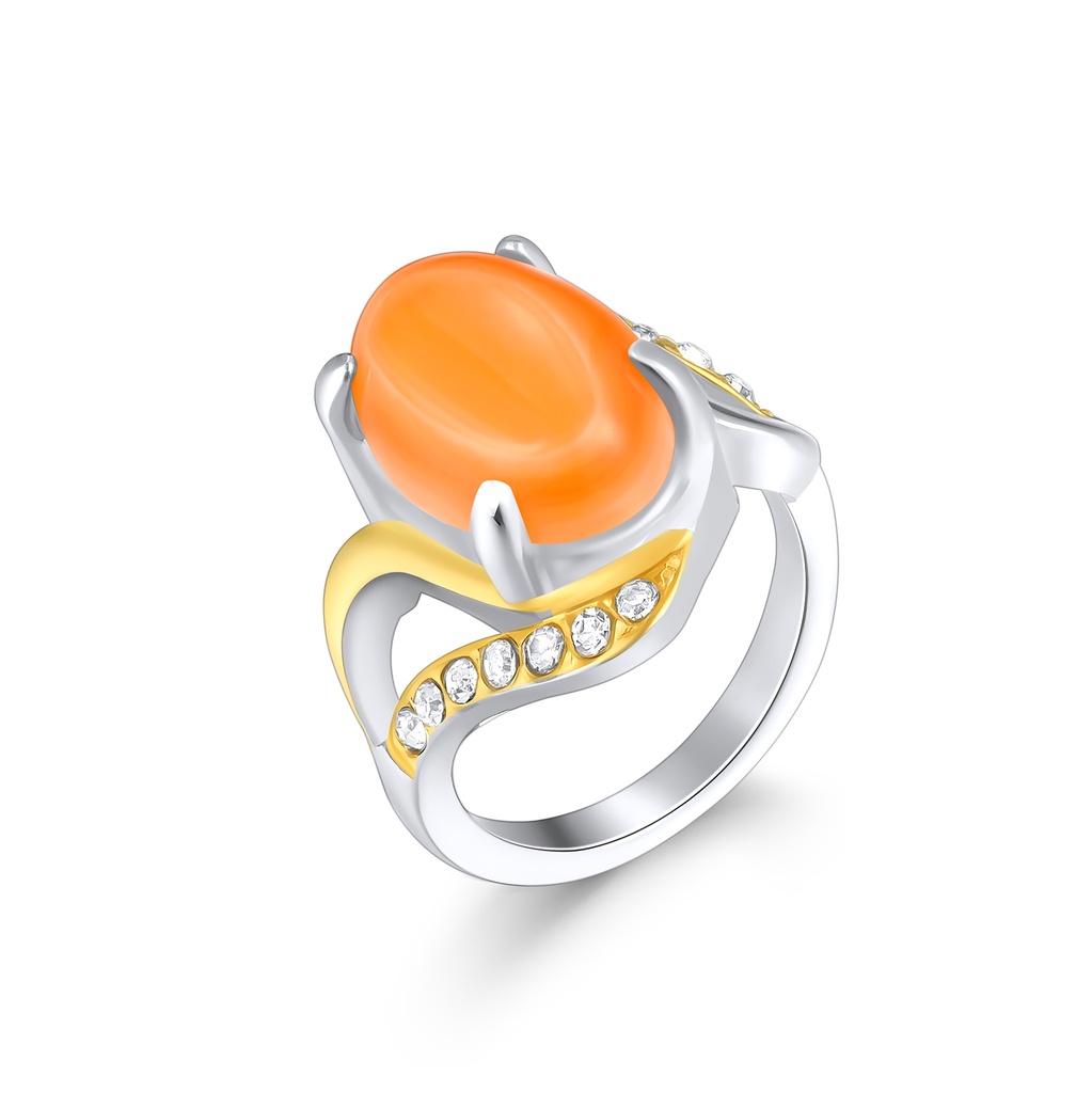 Orange Gemstone Stainless Steel Ring with Gold and Crystal Accents