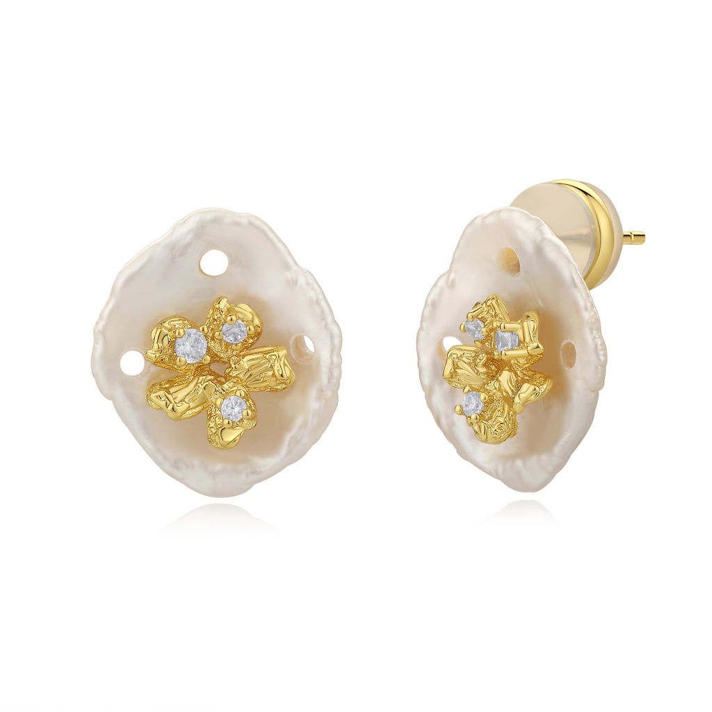 Organic Shell Pearl Studs with Gold Accents and Crystals