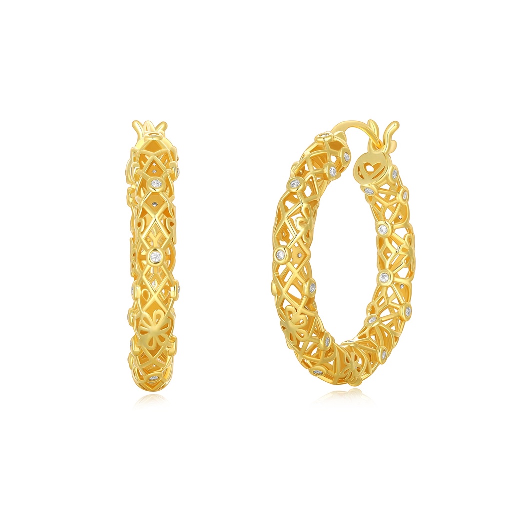 Ornate gold hoop earrings with cutout floral and crystal design