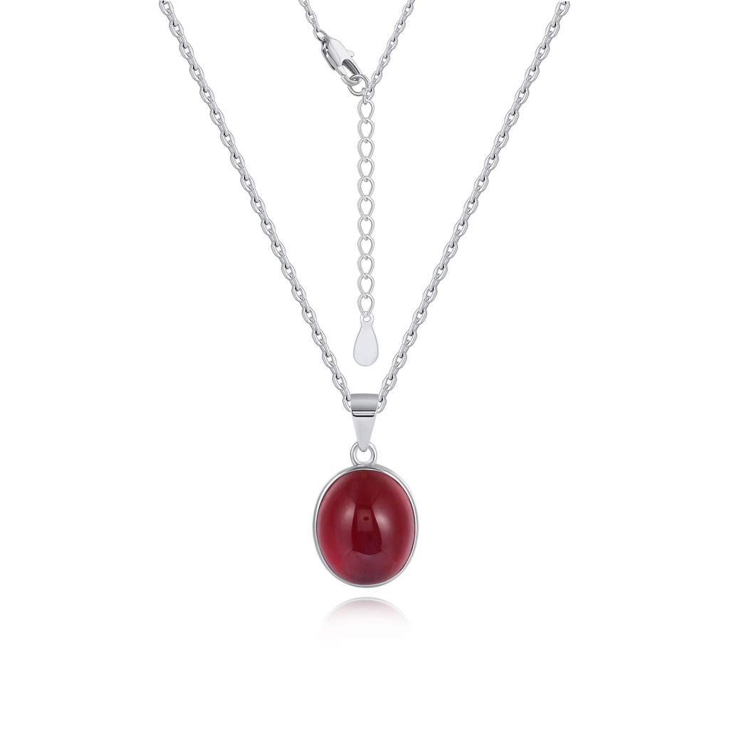 Oval Red Cabochon Pendant Necklace on Silver Chain
