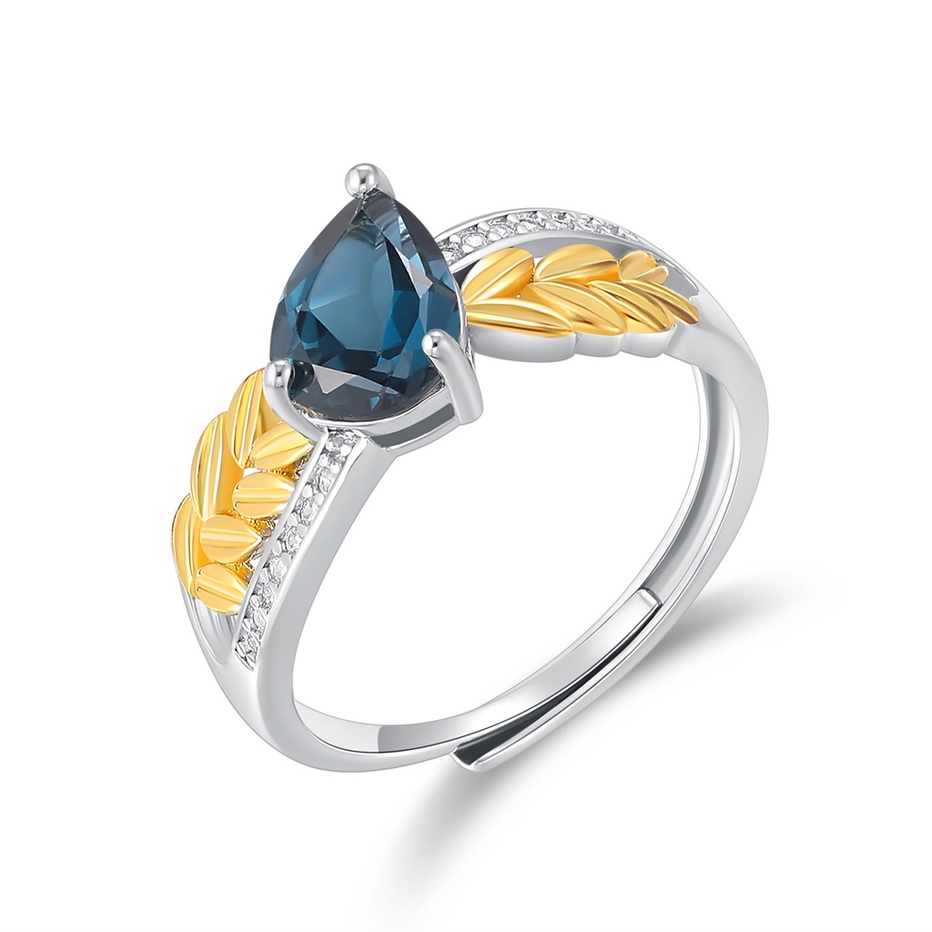 Pear-Cut Blue Gemstone Ring with Gold Leaf Accents