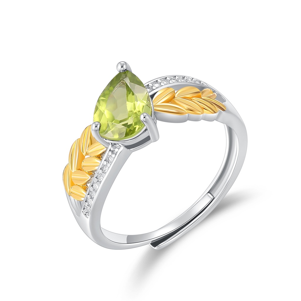 Pear-Cut Green Gemstone Ring with Golden Leaf Accent Design