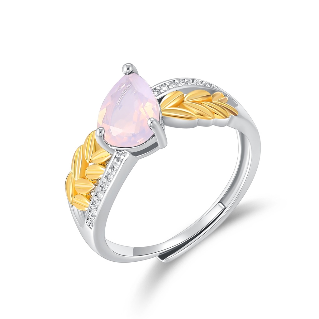 Pear-Cut Pink Gemstone Ring with Gold Leaf Detailing