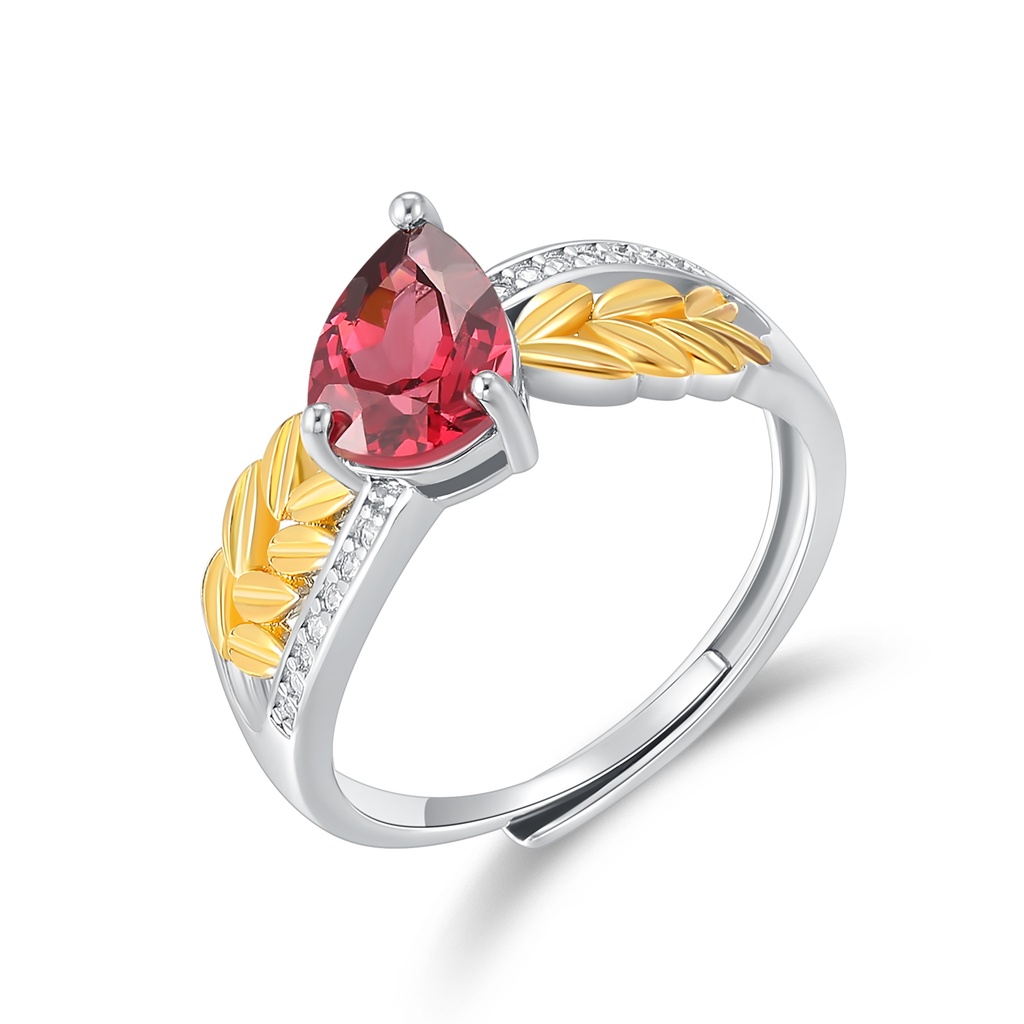 Pear-Cut Red Gemstone Ring with Elegant Gold Leaf Accents