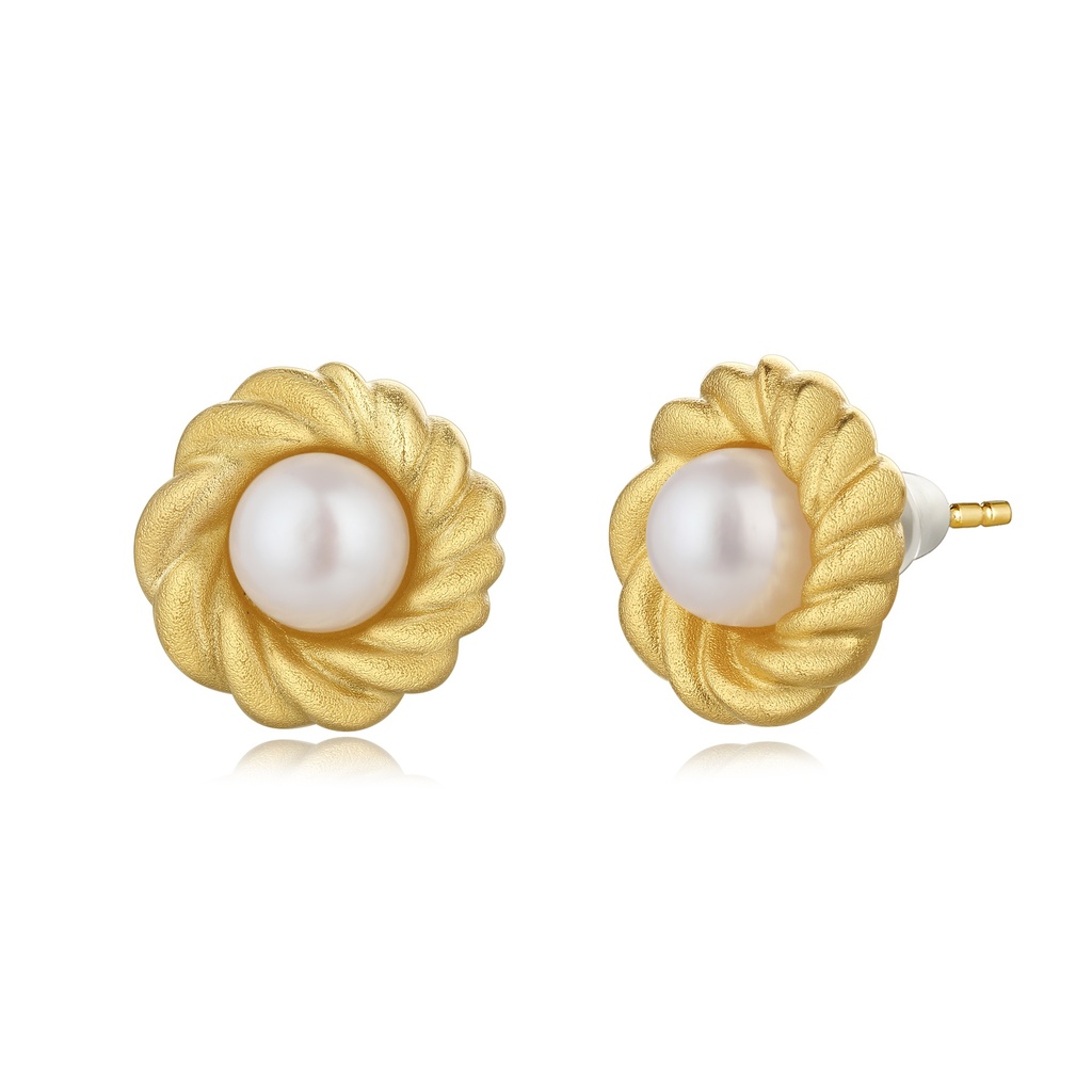 Pearl Centered Swirl Stud Earrings in Brass
