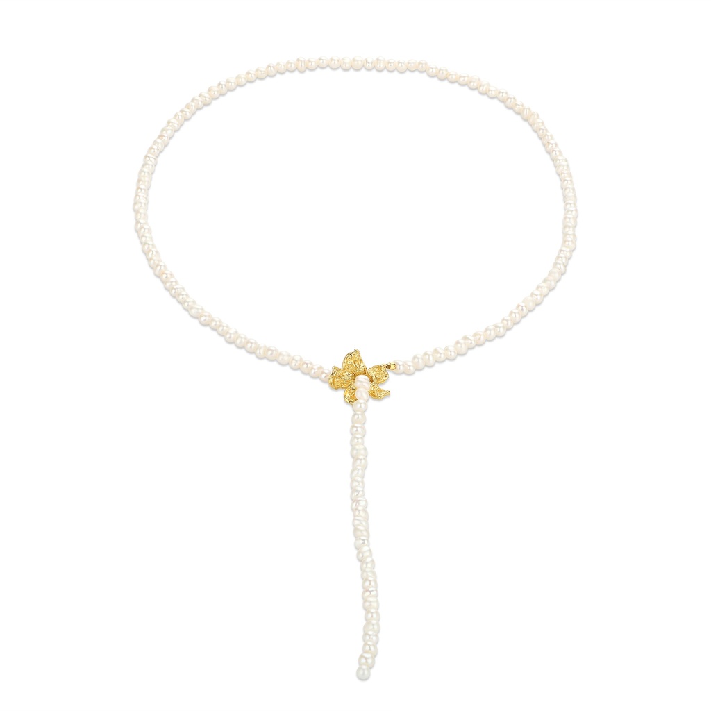 Pearl Choker Necklace with Gold Bow Accent Drop