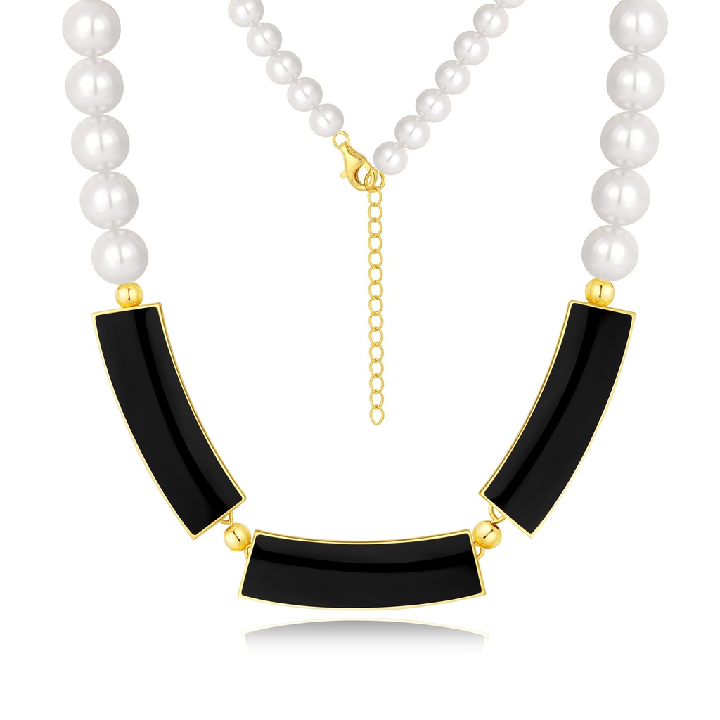 Pearl and Black Enamel Geometric Statement Collar Necklace