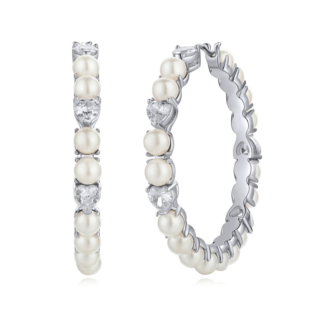 Pearl and Crystal Alternating Silver Hoop Earrings