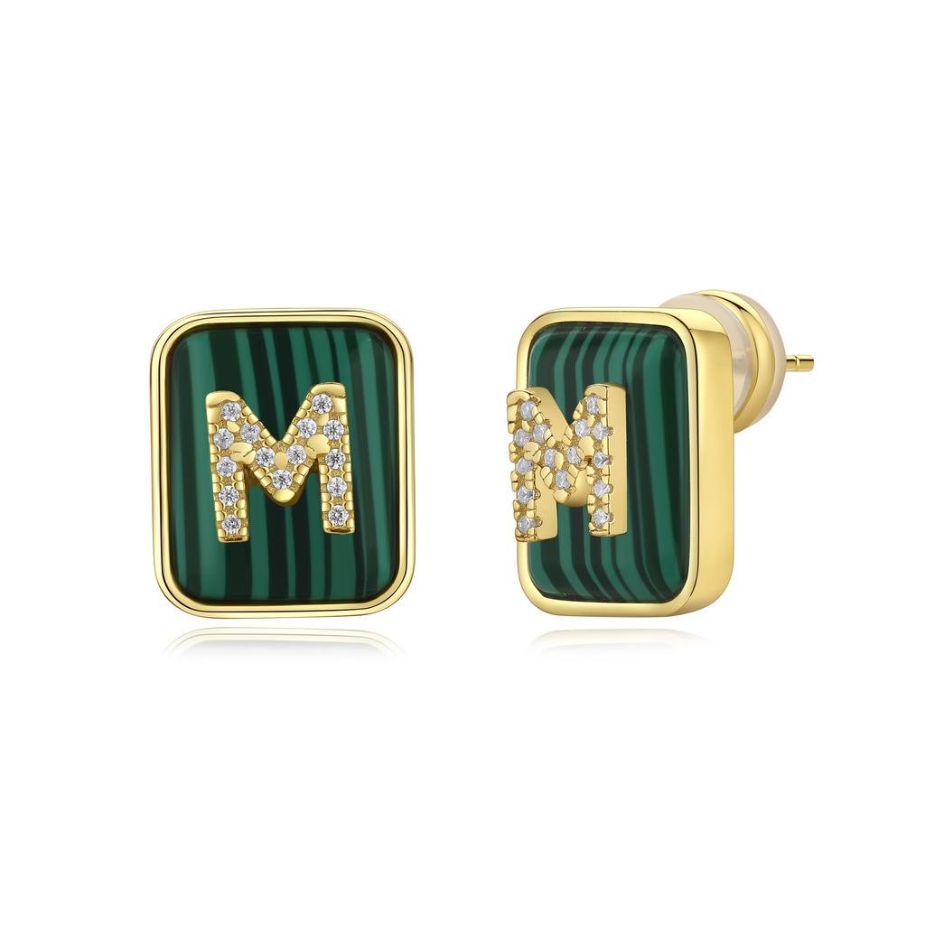 Personalized Green Malachite Stud Earrings With Sparkling Letter M