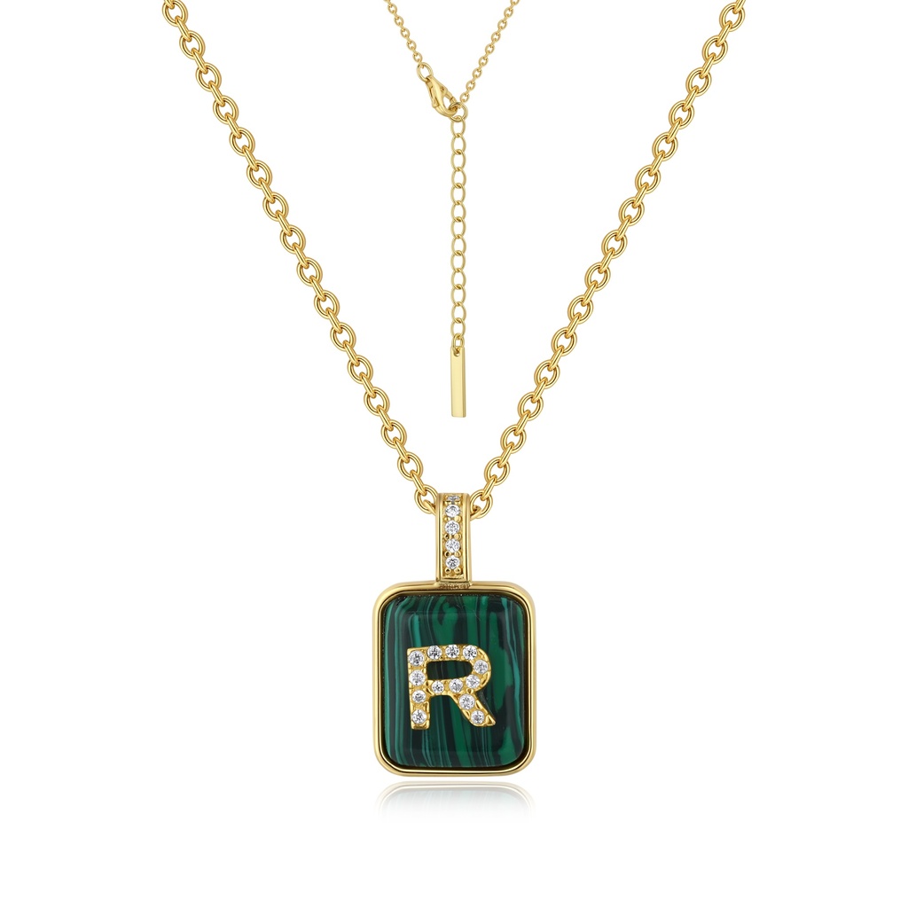 Personalized malachite brass necklace with sparkling initial R charm
