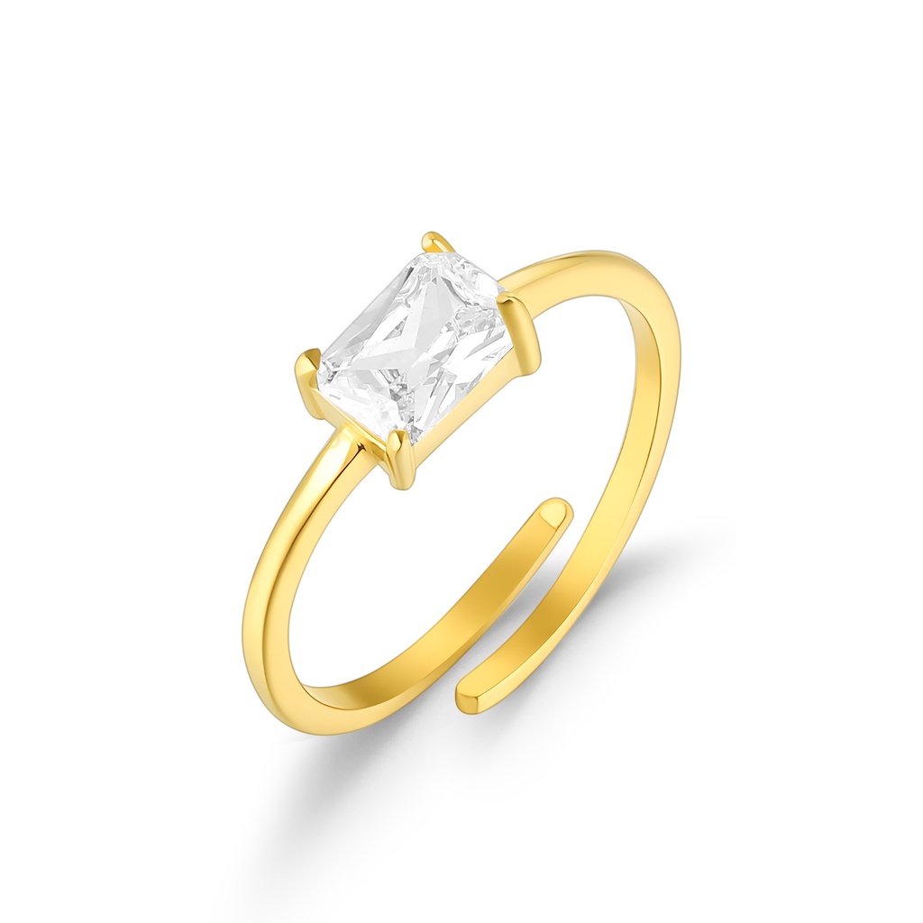 Adjustable Gold Stainless Steel Ring with Radiant Clear Gem