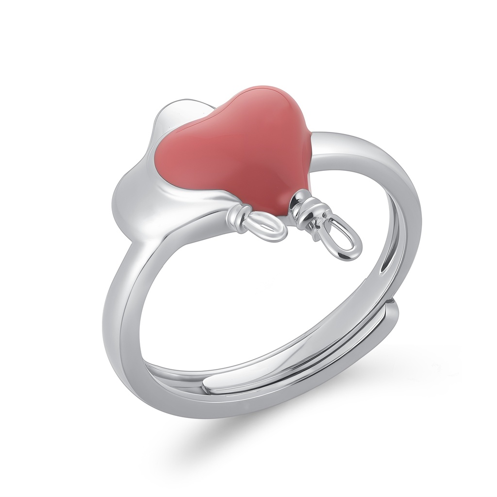 Pink Heart Balloon Ring in Polished Silver Brass