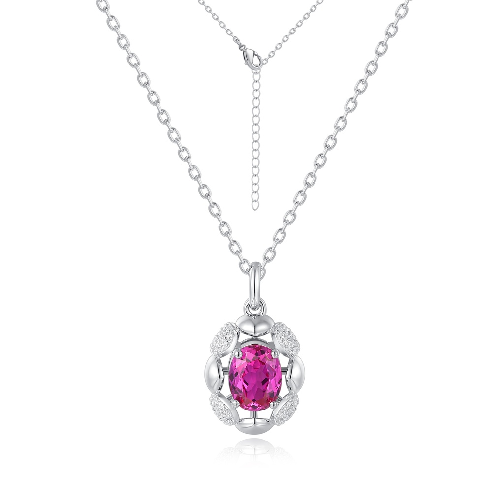 Pink Oval Gem Pendant Necklace with Decorative Stainless Steel Setting