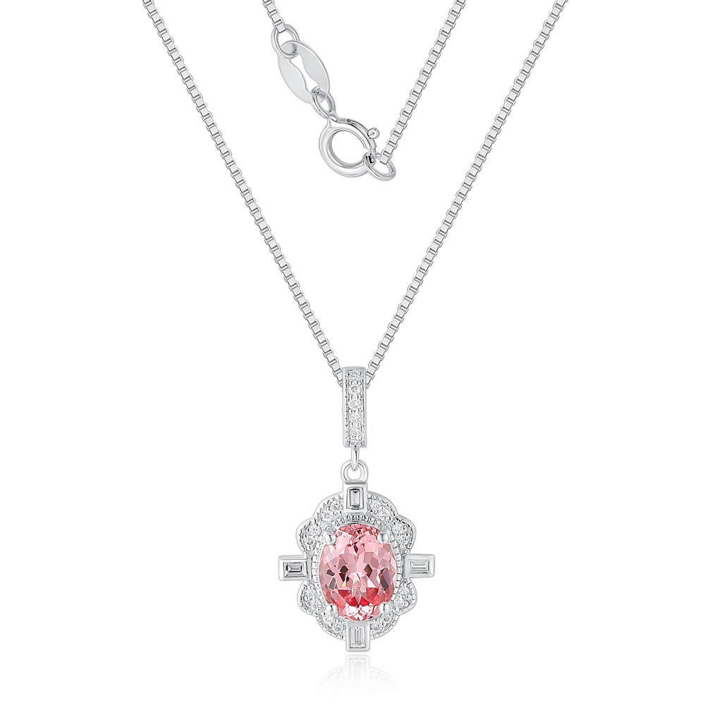 Pink Oval Stainless Steel Pendant with Halo and Baguettes