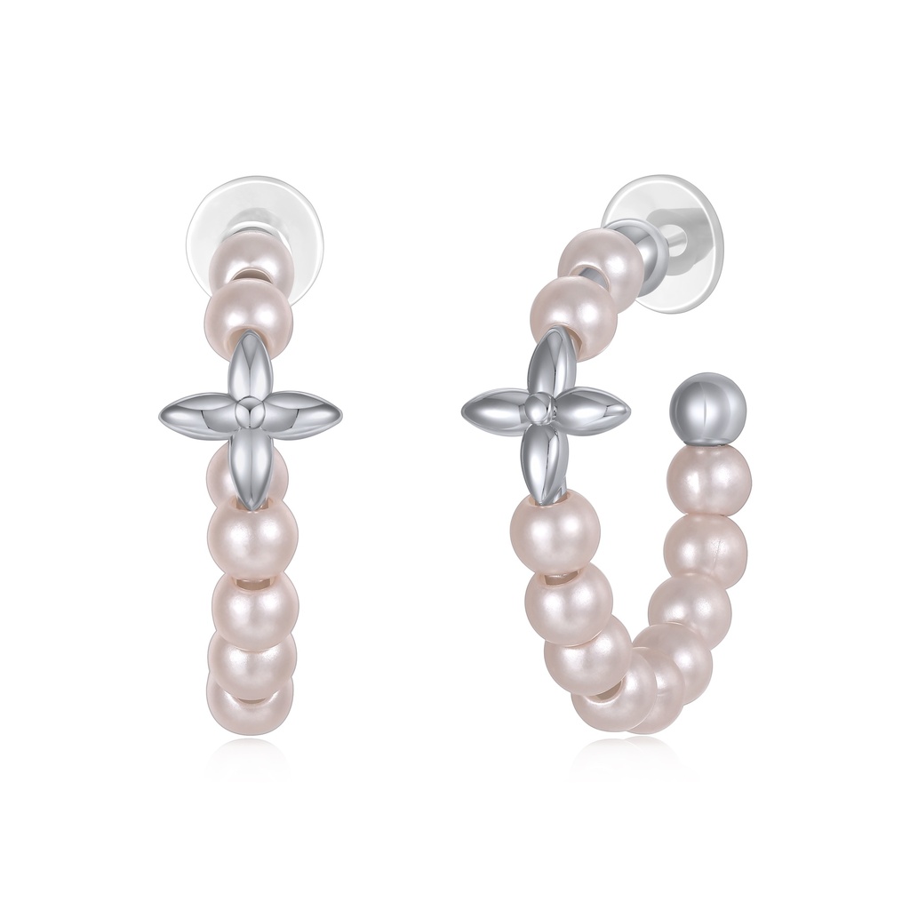 Pink Pearl Hoops with Silver Floral Motif Accent Beads