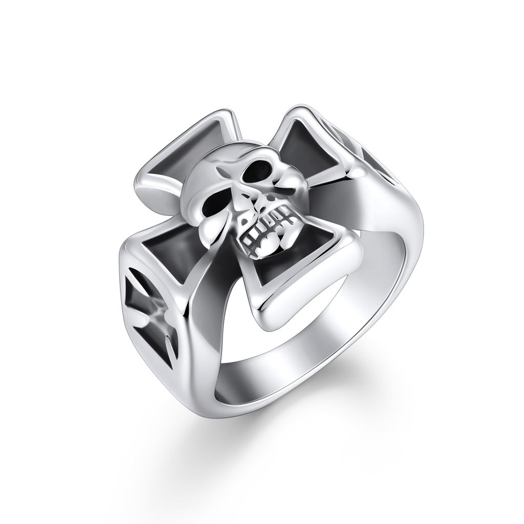 Bold Skull Cross Ring in Polished Silver Stainless Steel
