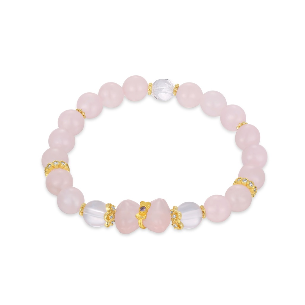 Pink quartz bracelet with bow charm and gold spacers
