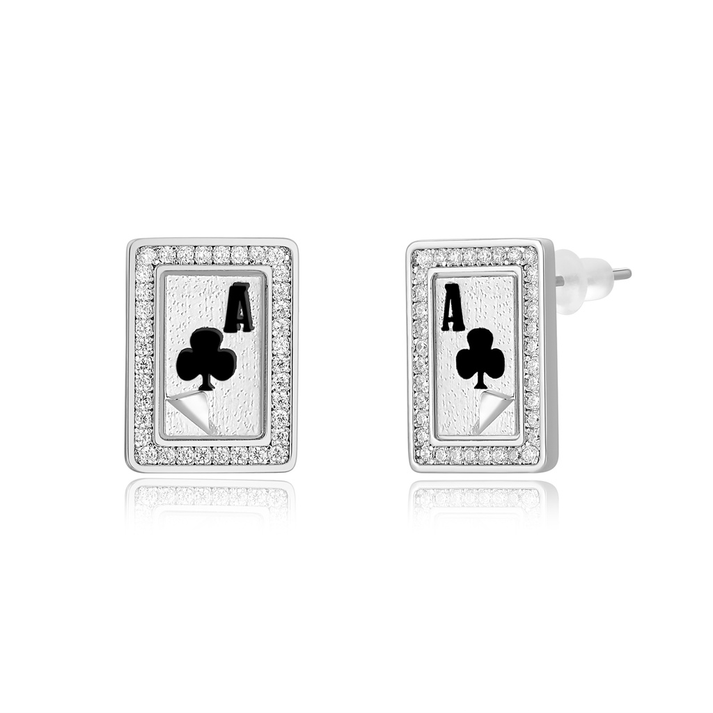 Playing Card Stud Earrings with Sparkling Frame and Club Ace