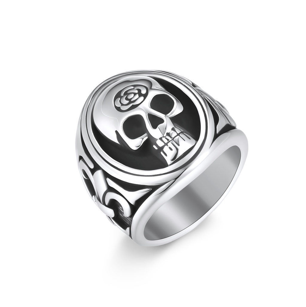 Bold Skull Emblem Stainless Steel Ring with Gothic Details