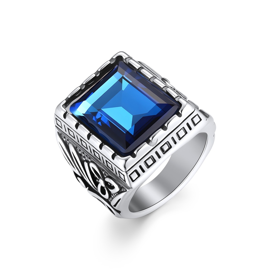 Bold Square Blue Gem Stainless Steel Statement Ring for Men