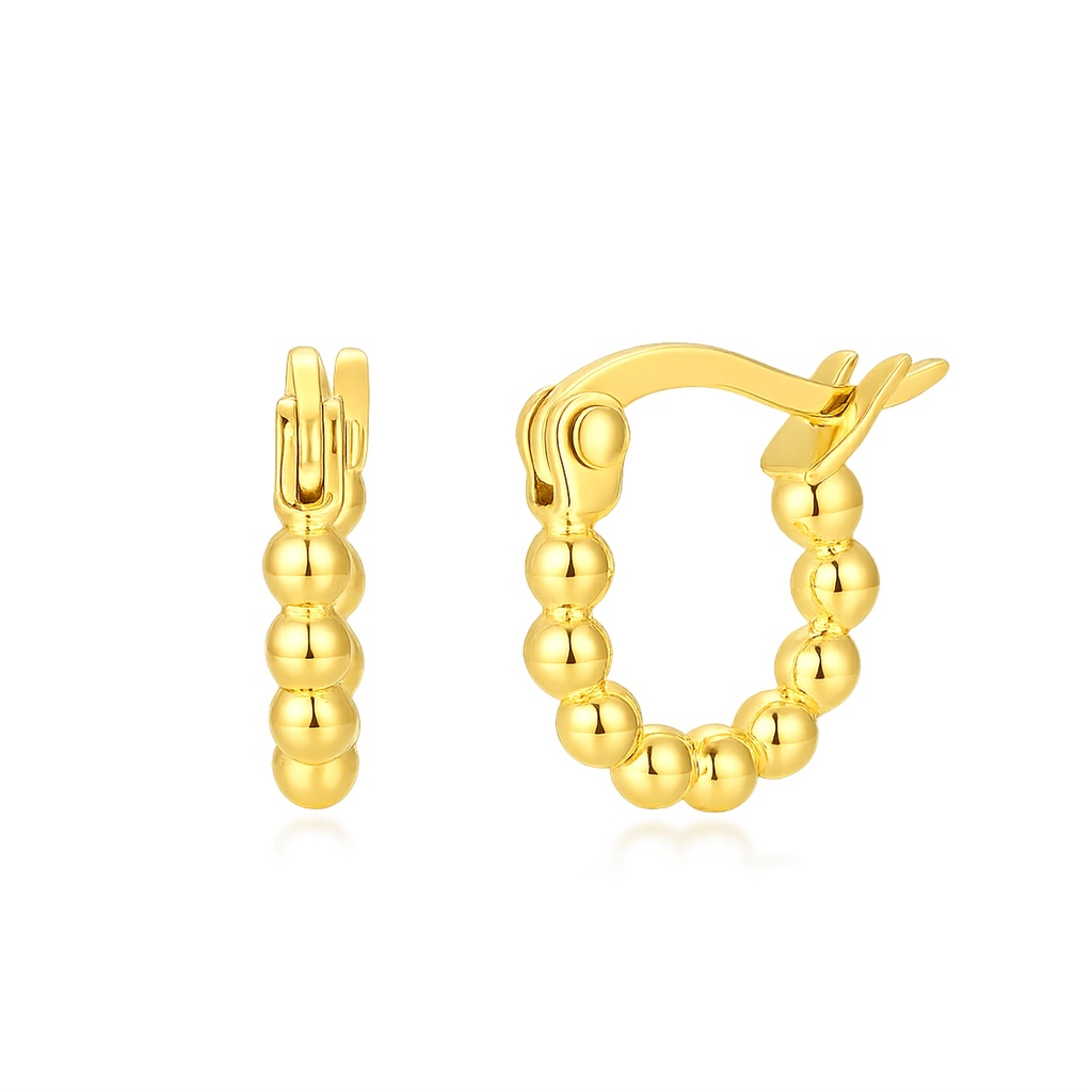 Polished Gold Stainless Steel Beaded Hoop Earrings with Hinged Clasp