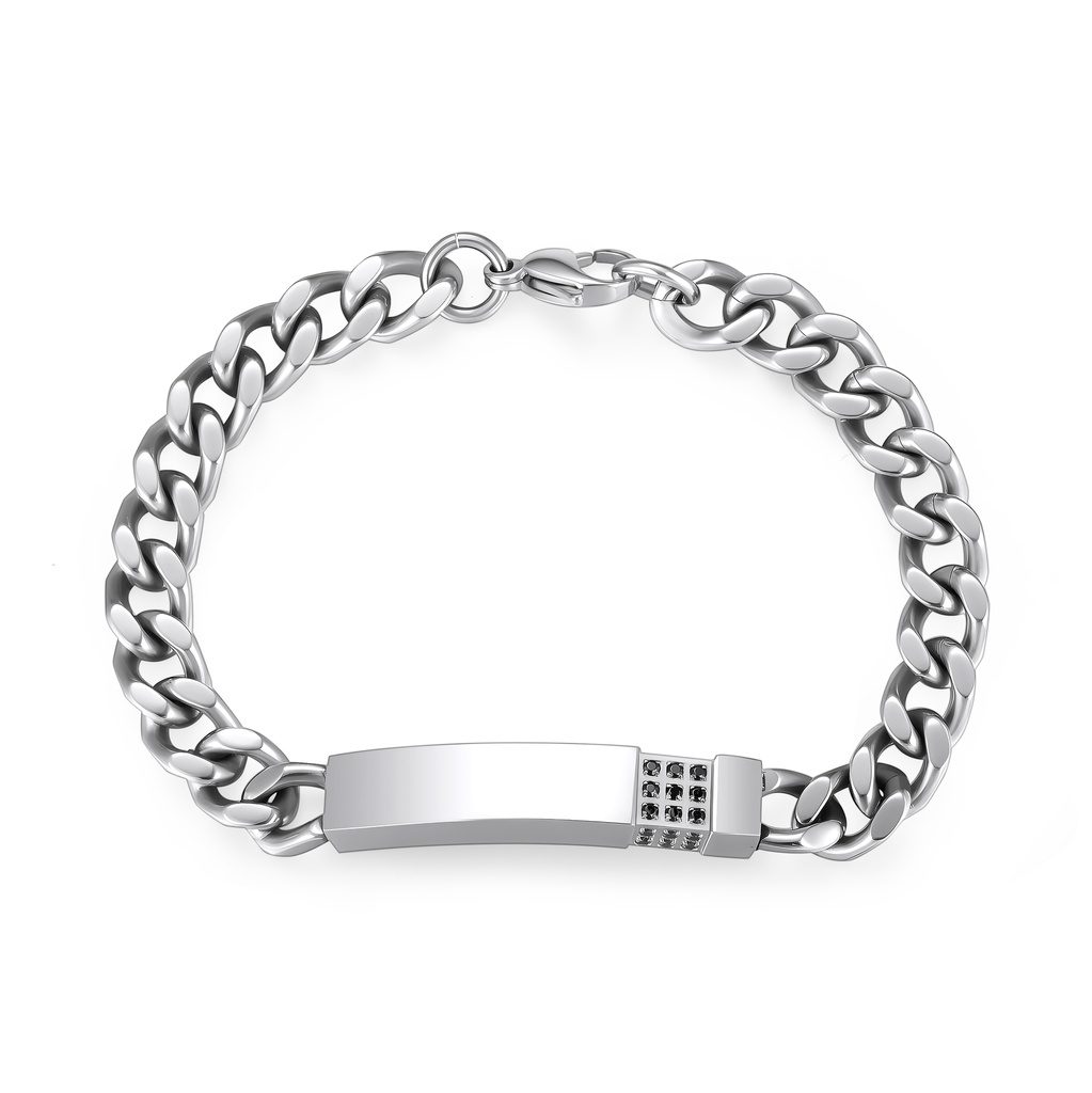 Polished Plate, Black Stone Detail Stainless Steel Bracelet