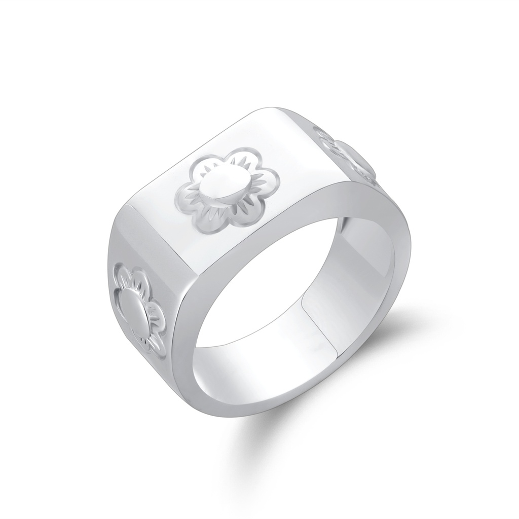 Polished Silver Flower Ring with Engraved Botanical Details
