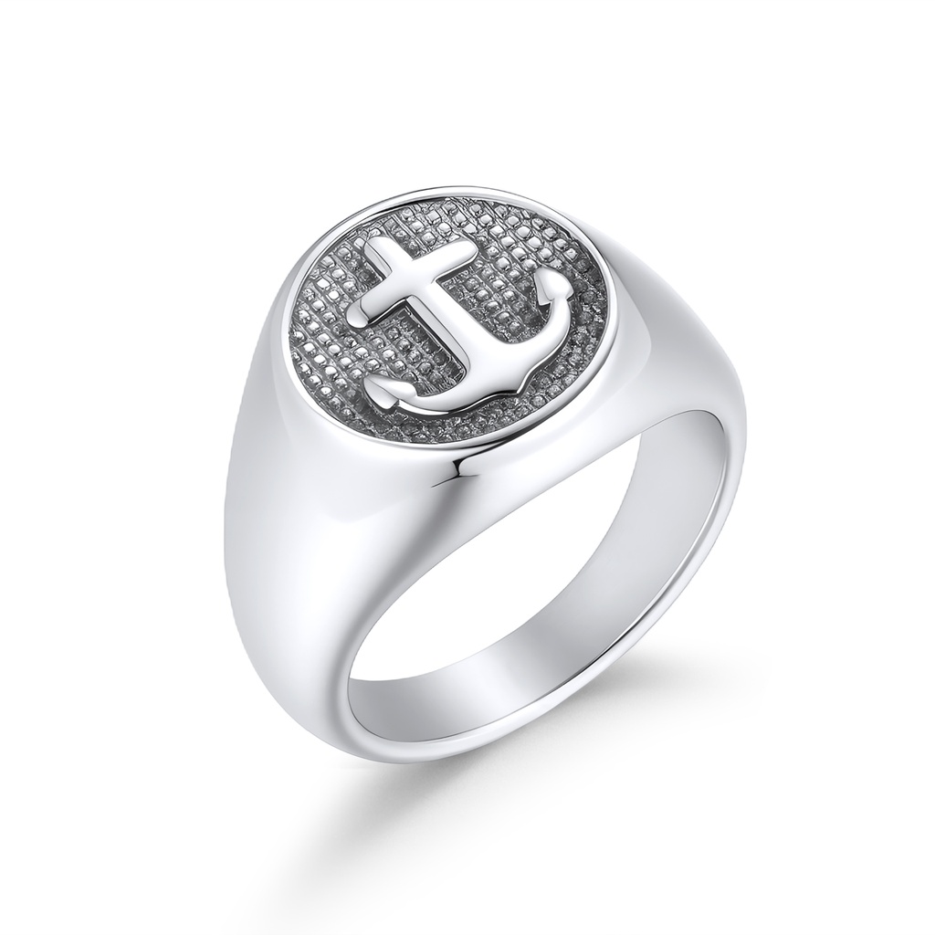 Polished Stainless Steel Anchor Ring with Textured Nautical Design