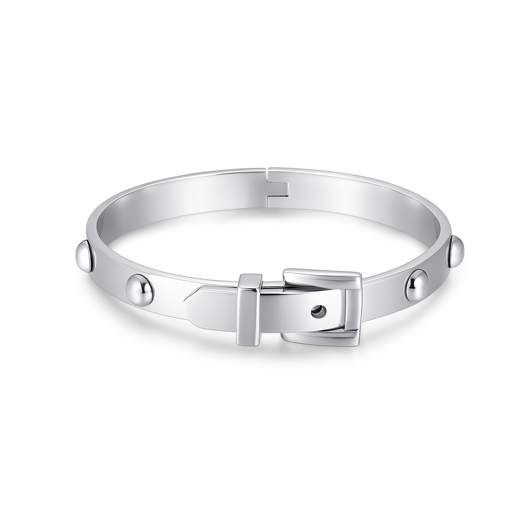 Polished Stainless Steel Buckle Bangle with Rivet Stud Accents