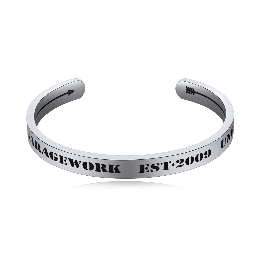 Polished Stainless Steel Cuff Bracelet with Engraved Lettering Design