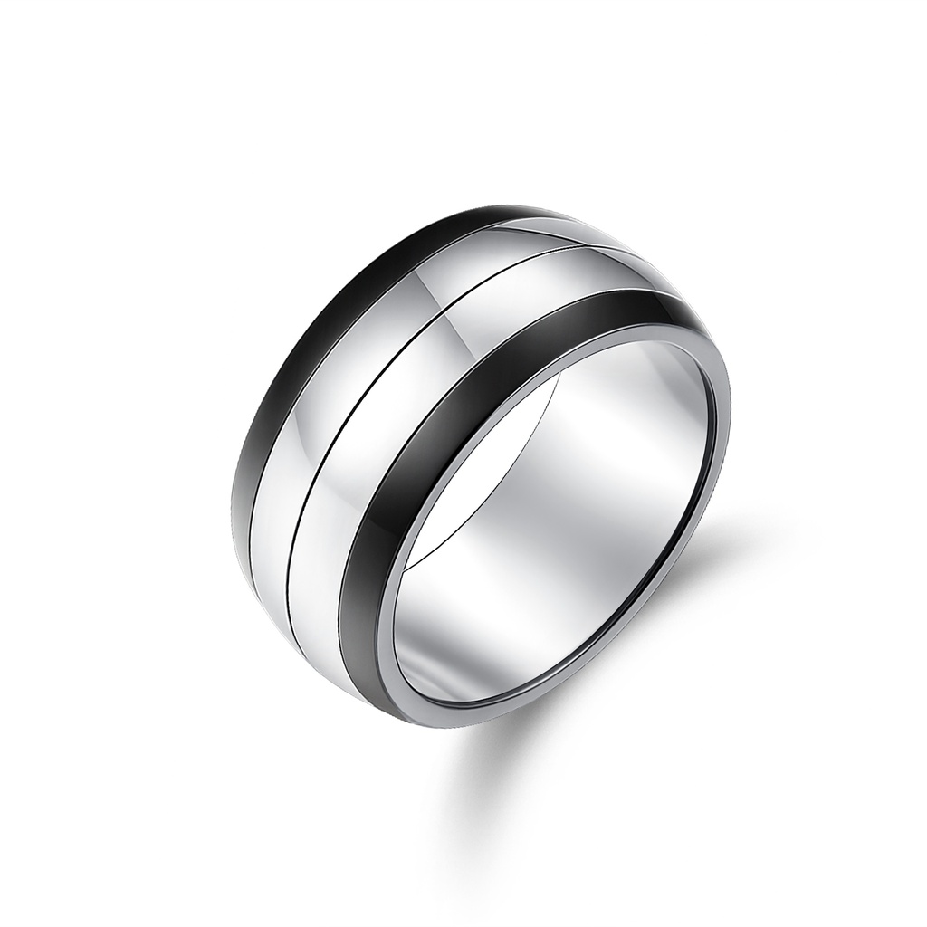Polished Stainless Steel Ring with Black Edge Striped Design