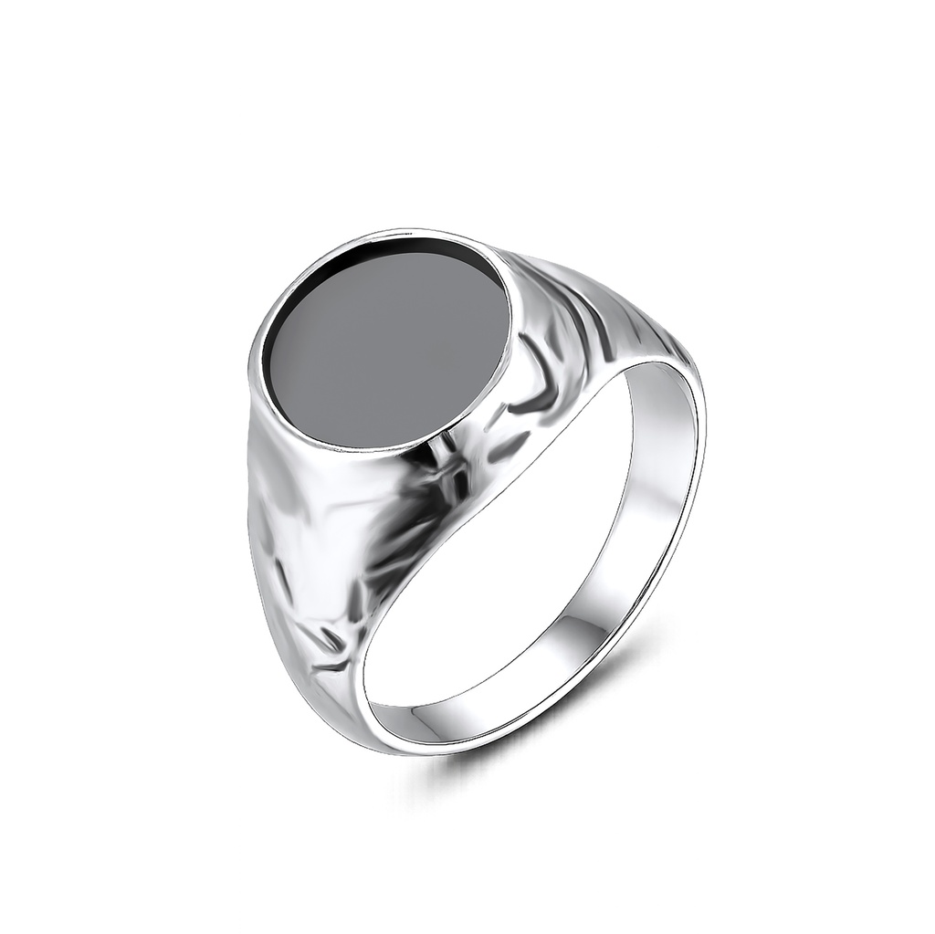 Polished Stainless Steel Signet Ring with Black Oval Center
