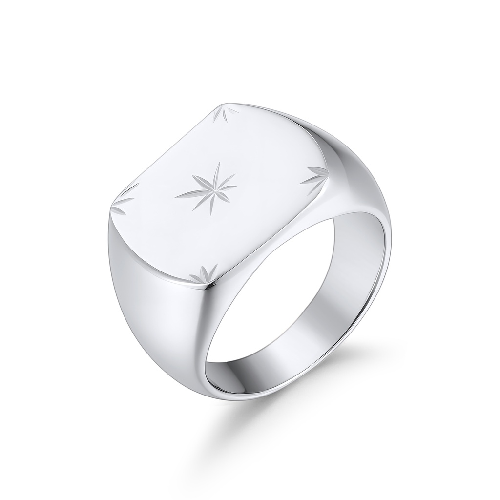 Polished Stainless Steel Signet Ring with Engraved Star Motifs