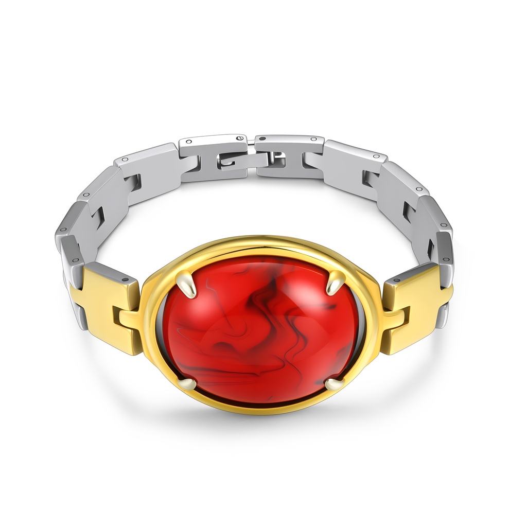Bold Stainless Steel Bracelet with Red Gemstone Centerpiece Design