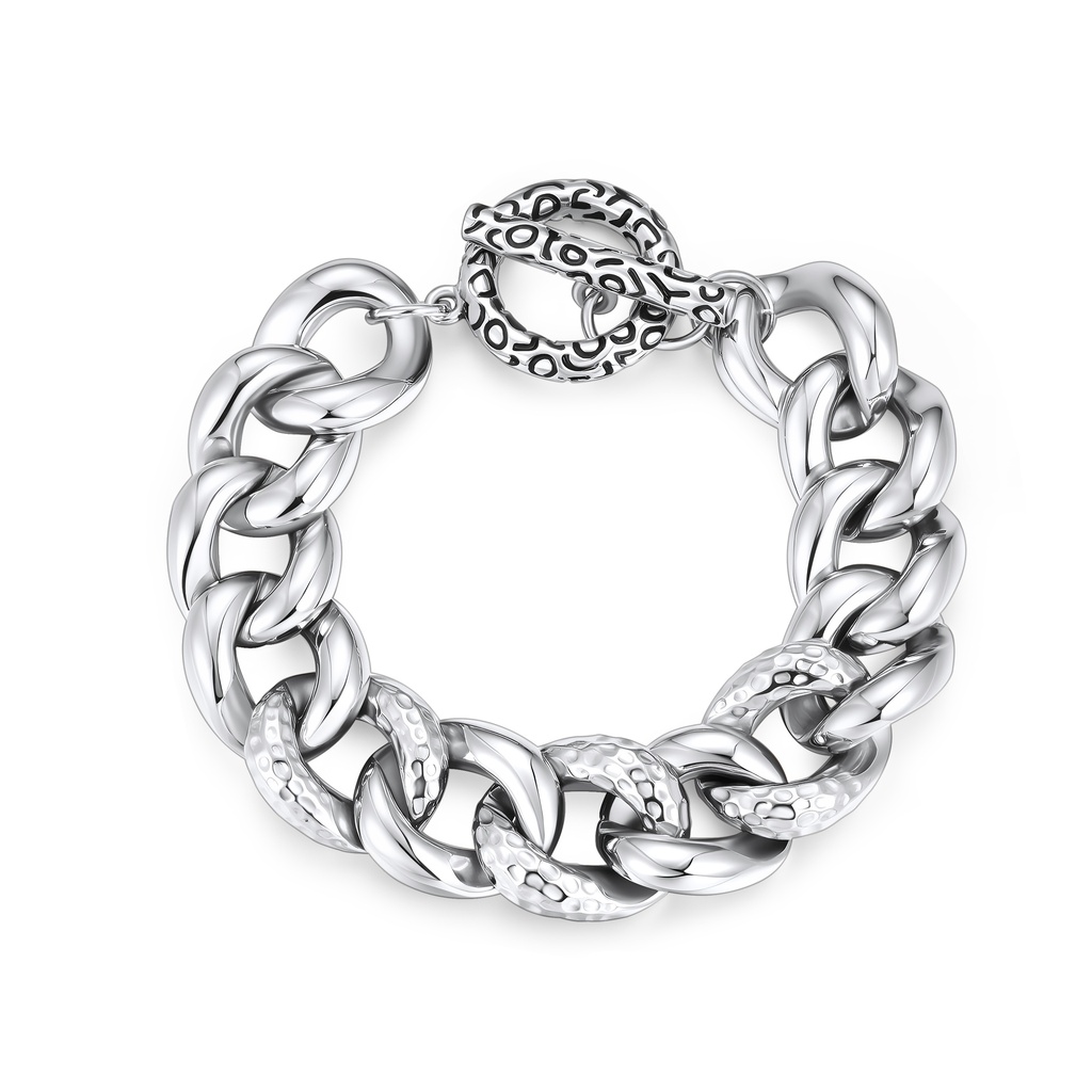 Polished and Hammered Curb Chain Bracelet in Stainless Steel