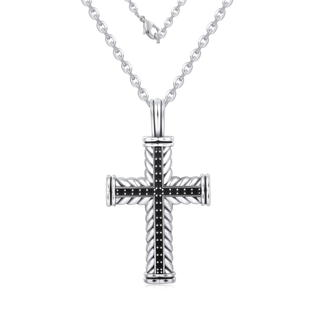 Bold Stainless Steel Cross Pendant with Black Enamel Detailing