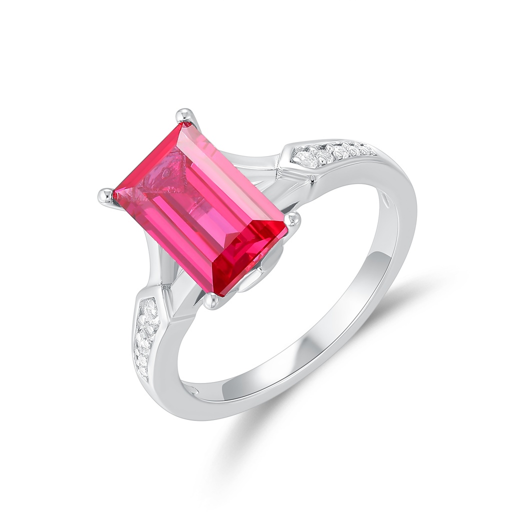Radiant Emerald-Cut Red Gemstone Ring in Sterling Silver